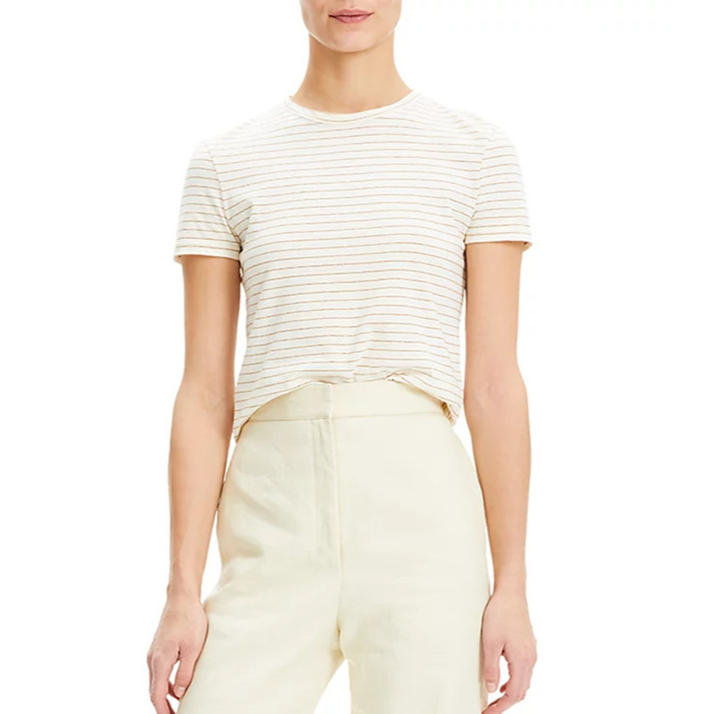 Theory Size 00 Striped Organic Cotton Crewneck Tee T-Shirt Top Cream Gold